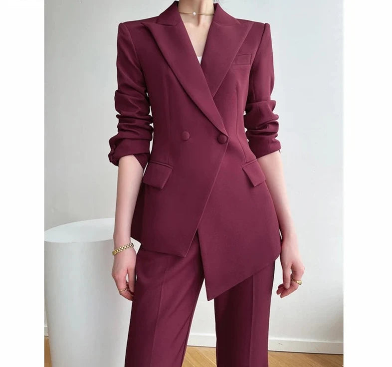 Women's Cotton Notched Long Sleeves Double Breasted Blazer Set