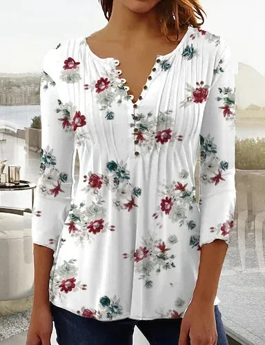 Women's Polyester V-Neck Long Sleeves Floral Pattern Mini Blouse