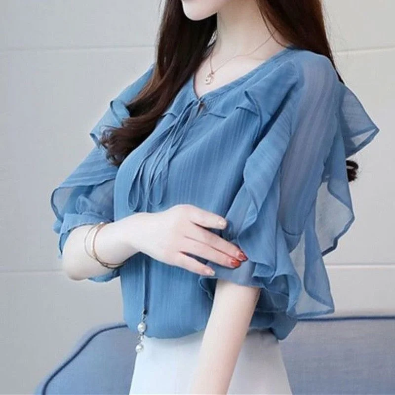 Women's V-Neck Flying Drawstring Short Sleeves Chiffon Blouse