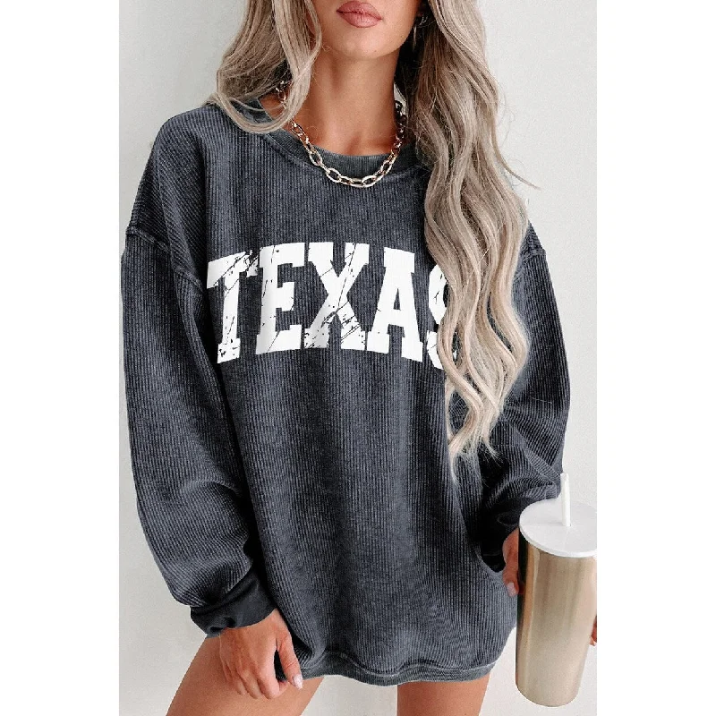 Texas Ribbed Knit Round Neck Pullover Sweatshirt