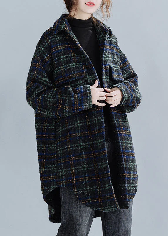 Stylish Green Peter Pan Collar Plaid Woolen Winter Coat