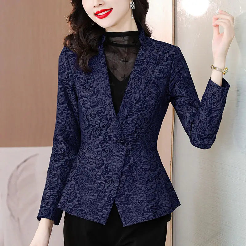 Women's Polyester Notched Collar Long Sleeve Single Button Blazer