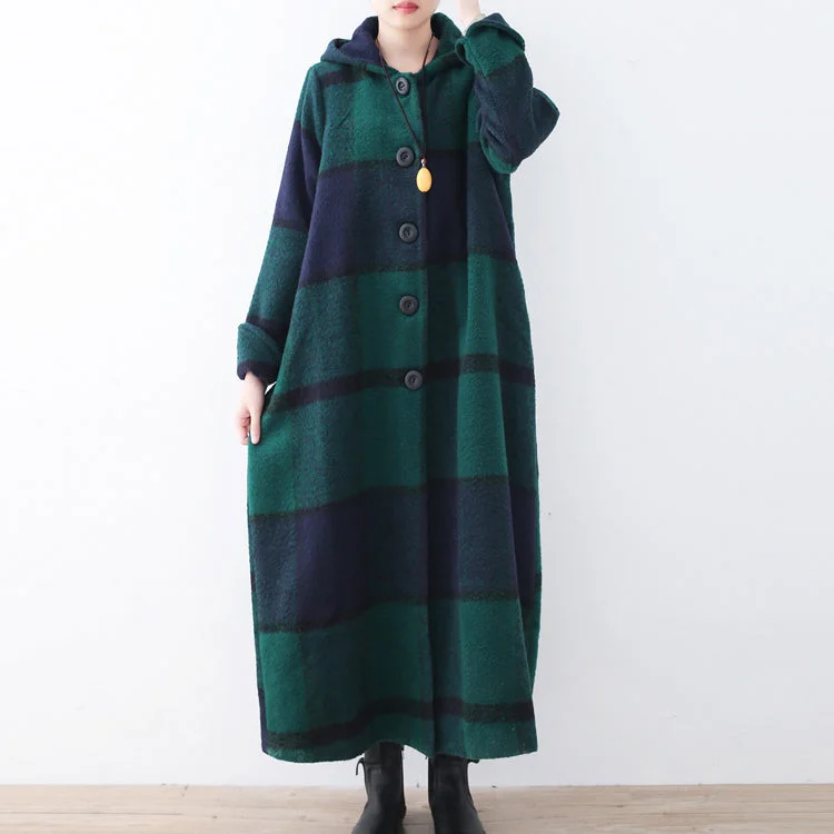 2024 green woolen coat casual trench coat plaid long coats hooded