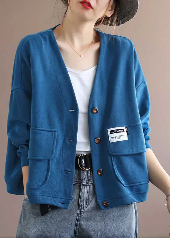 Art Blue V Neck Pockets Button Fall Long sleeve Coat