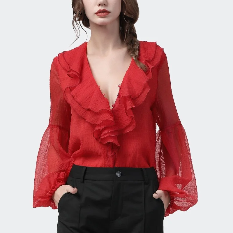 Women's V-Neck Ruffle Pattern Lantern Sleeves Loose Blouse