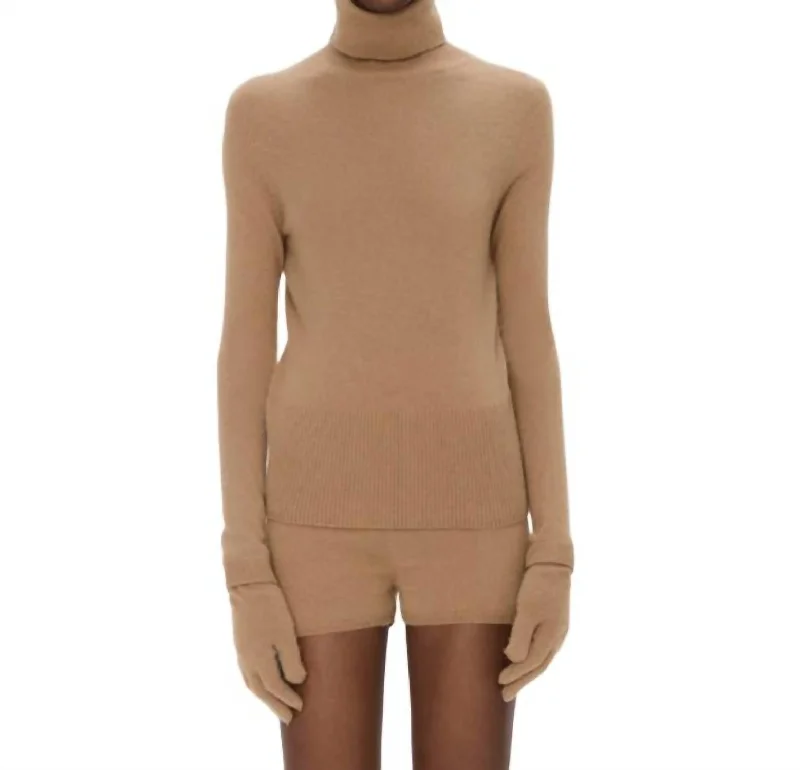 Dita Cashmere Turtleneck Sweater W/ Gloves In Camel Melange