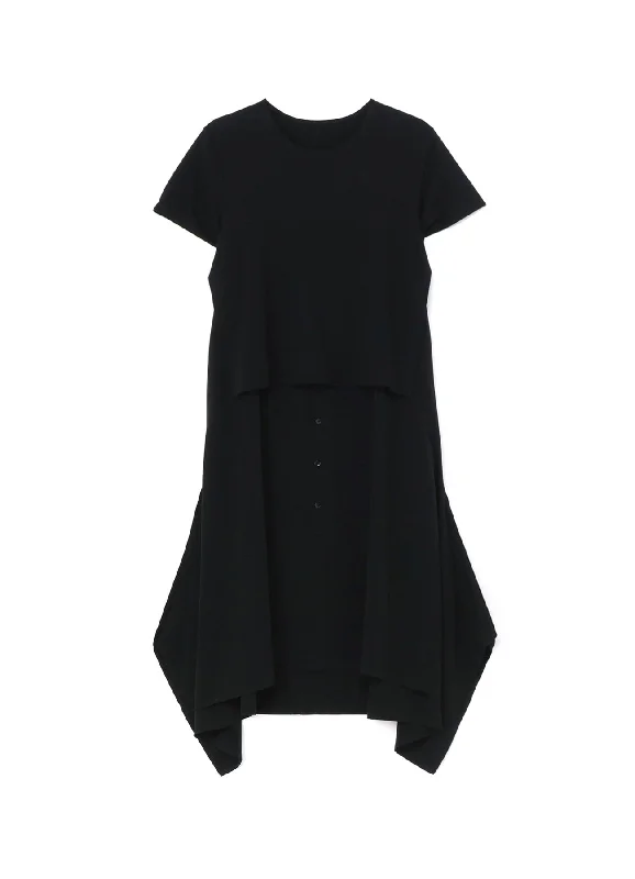 CREPE DE CHINE＋COTTONJERSEY  SHORT SLEEVE DOCKING LONG SHIRT DRESS