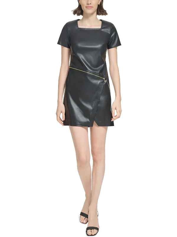 Petites Womens Faux Leather Short Sheath Dress