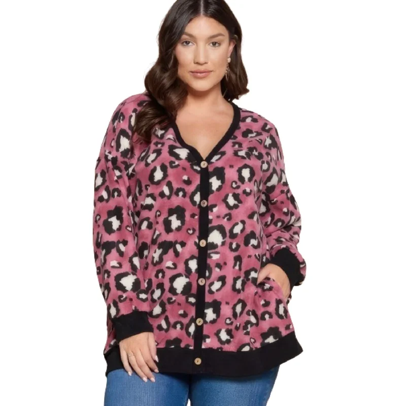 Plus Size Cozy Animal Mir Print With Brush Button Up Cardigan