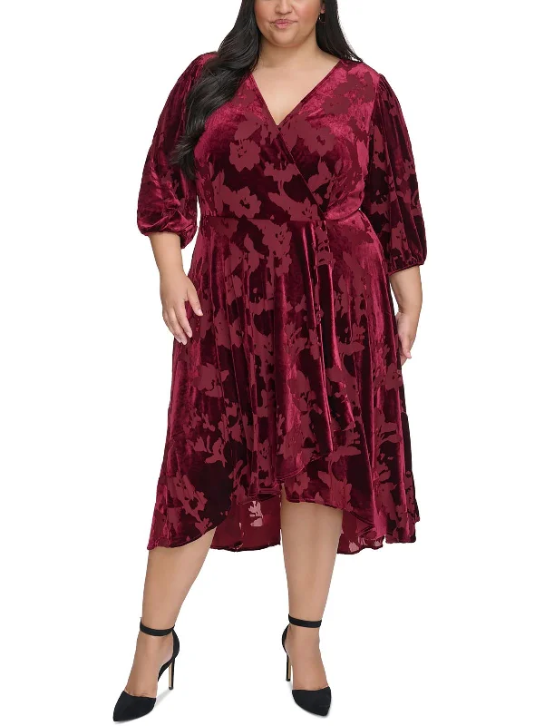 Plus Womens Velvet Mid Calf Wrap Dress