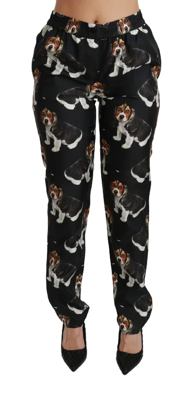 Dolce & Gabbana Elegant Silk Puppy Dog Print Women's Pants