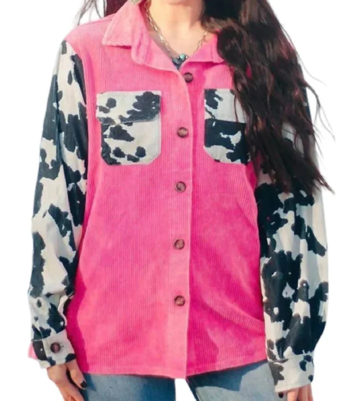 Cow Print Shacket In Hot Pink