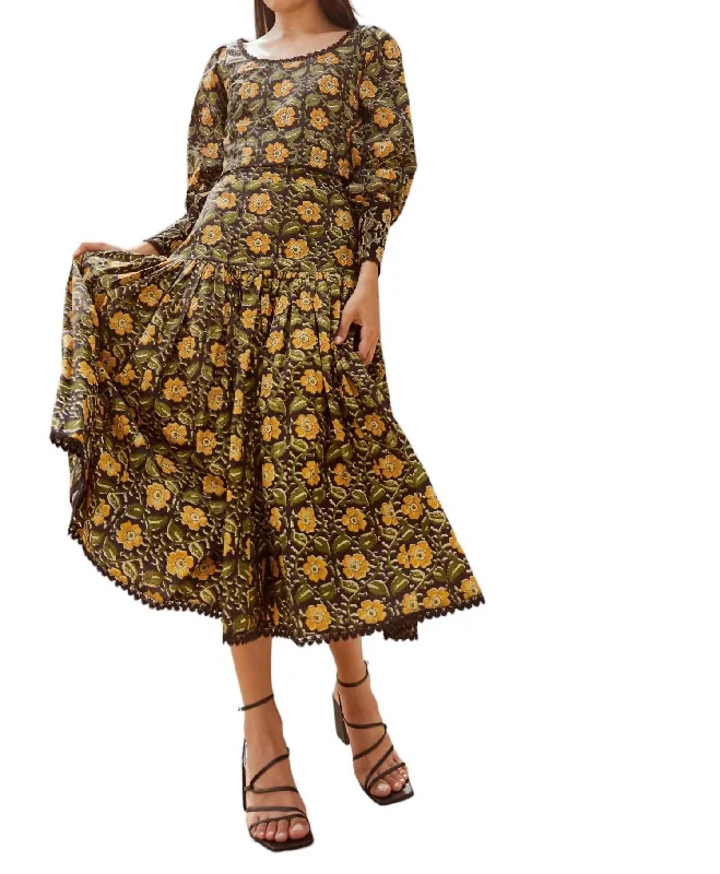 Diane Drop Waist Skirt In Faded Black And Golden Floral