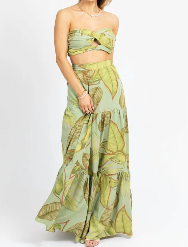 Palm Tiered Maxi Skirt Set In Green