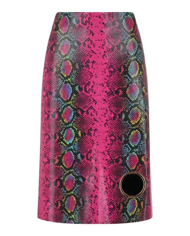 Python-Print Leather Midi Skirt