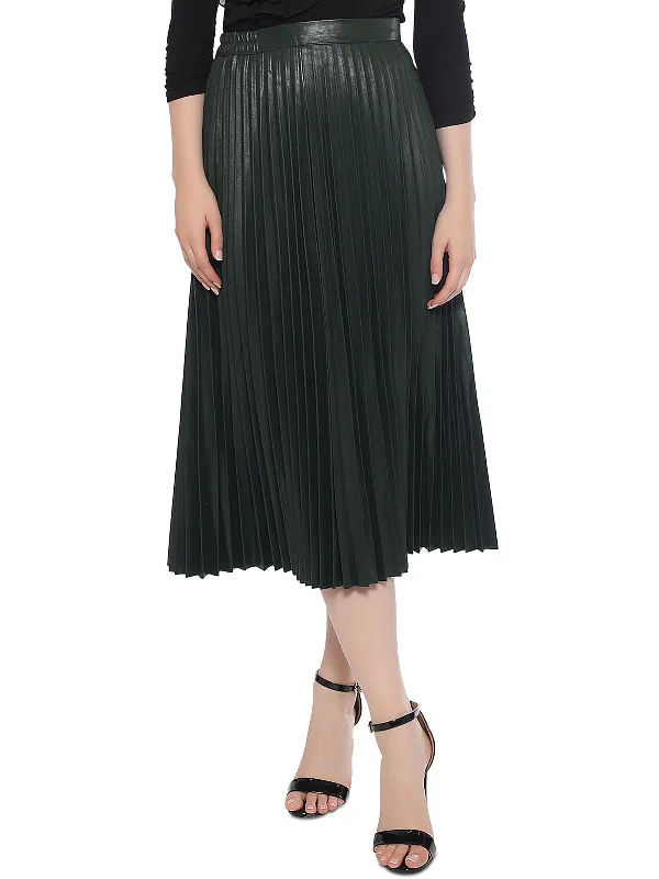 Womens Faux Leather Long Pleated Skirt