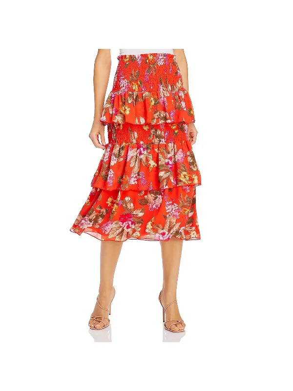 Womens Smocked Tiered Midi Skirt