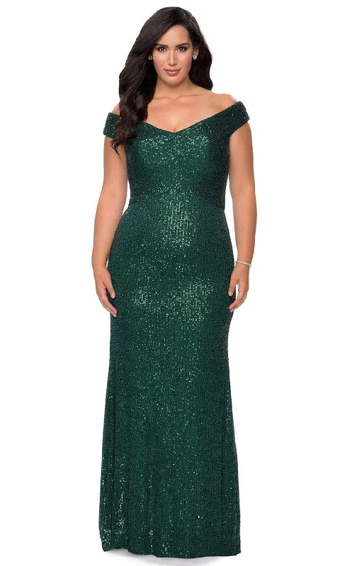 La Femme - 28795 Sequined Off-Shoulder Modest Prom Sheath Dress