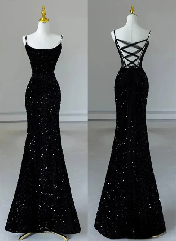 Black Spaghetti Straps Mermaid Sequined Long Party Dress, DP3610