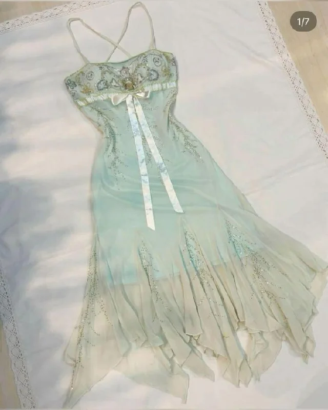 Light Blue Straps Beading Fairy Birthday Outfits Vintage Long Prom Dress, DP3300