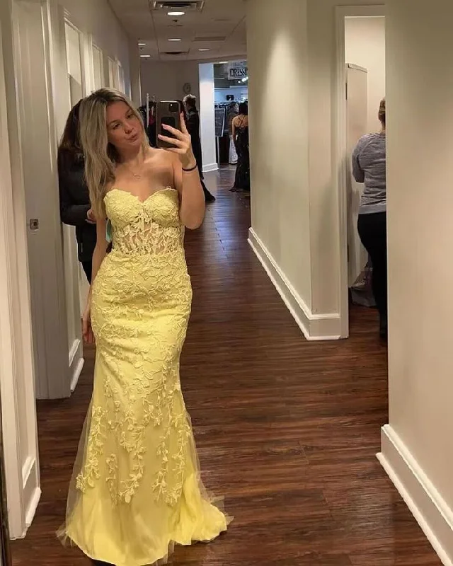 Light Yellow Sweetheart Tulle Mermaid Long Formal Graduation Dress, DP3596