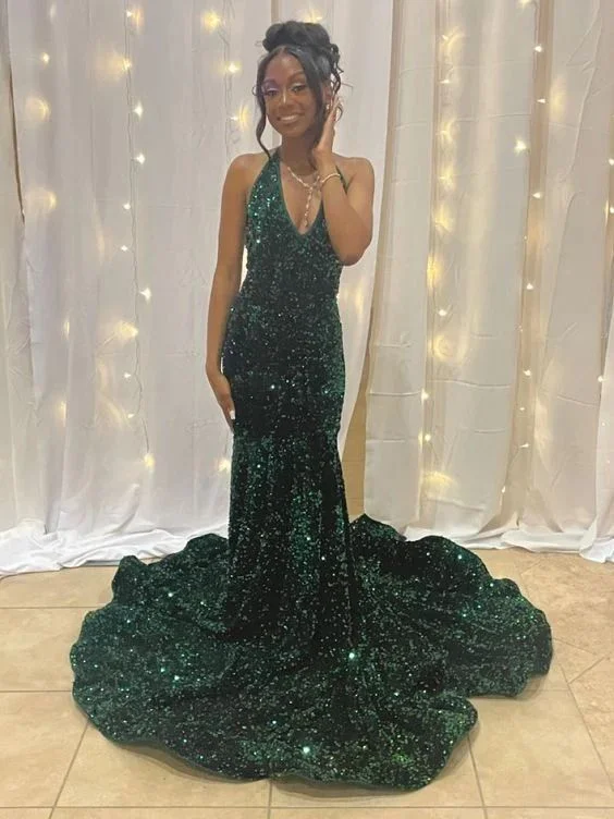 Modern Green Mermaid V-Neck Long Prom Dress Sequin Evening Gowns, DP3301